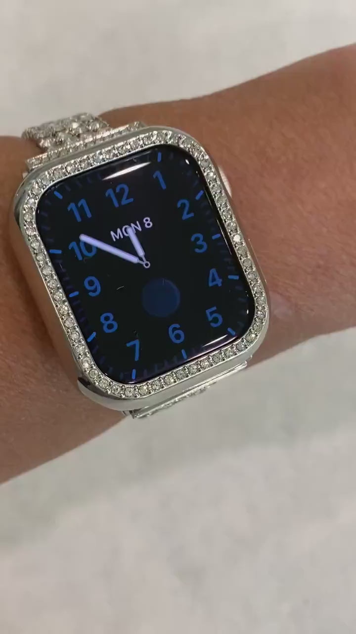 Series 10-12 Apple Watch Band 42mm 46mm 49mm White Gold & or Silver Swarovski Crystal Apple Watch Case Iphone Watch Protective Iwatch Cover
