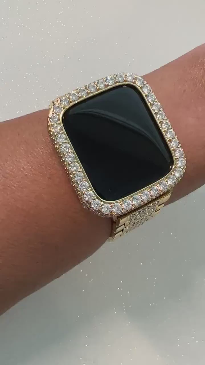 Gold Apple Watch Band Mens Women Stainless Steel Swarovski Crystal & or Apple Watch Cover Large 3.5mm Lab Diamond Iphone Watch Face