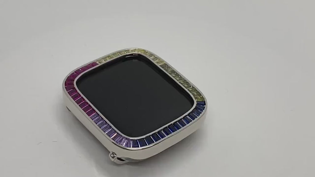 Custom Silver Rainbow Apple Watch Cover Baguette Lab Diamond Bezel 38mm-46mm Series 10-11