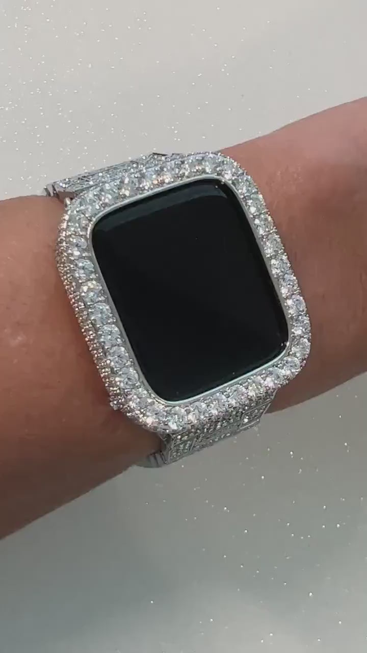 Silver High End Crystal Apple Watch Band Women & Lab Diamond Apple Watch Case, Bling Stainless Steel Watch Band, Ultra Watch Cover