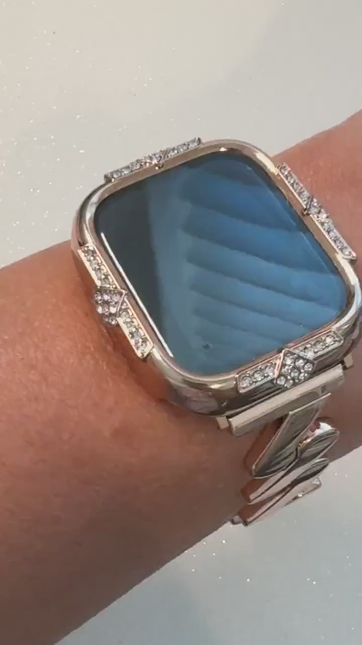 Rose Gold Apple Watch Band Womens Bracelet Series 10 & or Apple Watch Case Swarovski Crystal Iphone Watch Cover Tempered Glass 40mm-46mm