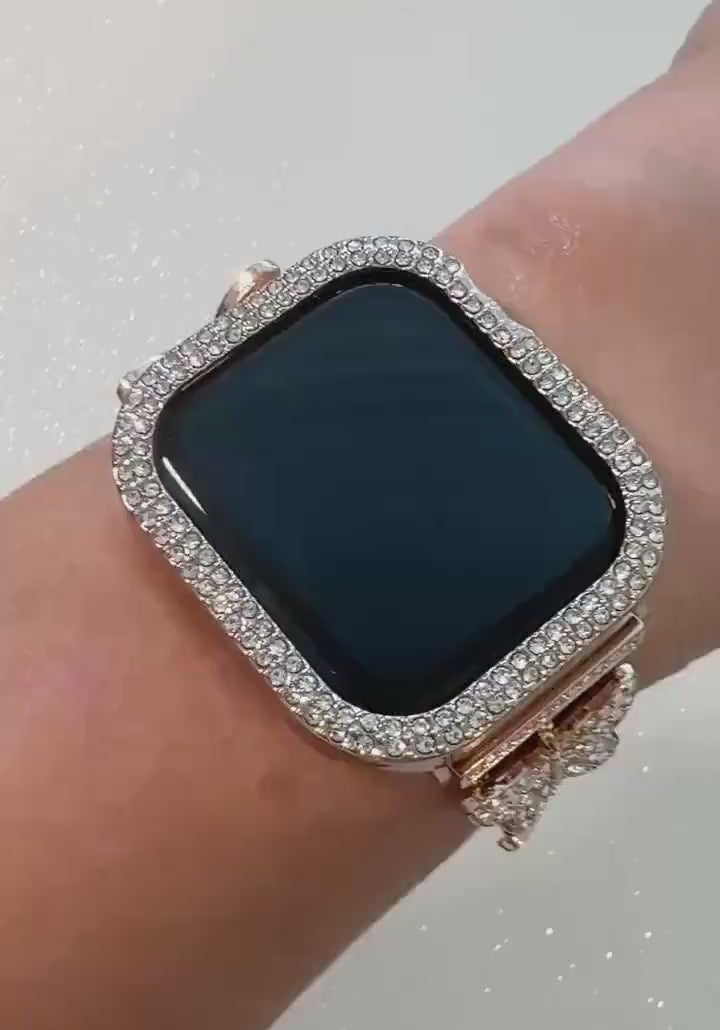 Butterfly Apple Watch Band Series 12 Woman Rose Gold Swarovski Crystals & or Apple IWatch Case with built in Glass Screen Protector 42-46mm