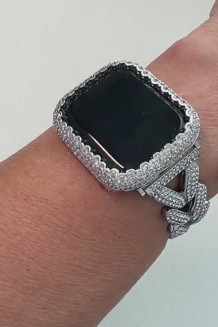 Apple Watch Band Woman Silver High End Crystal Chain Heart & or Apple Watch Case Lab Diamond Bezel 38mm-49mm Ultra Apple Watch Cover Bling