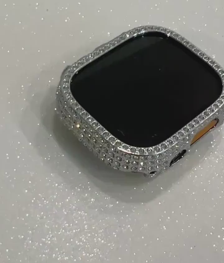 Silver Apple Watch Cover 49mm Ultra Swarovski Crystals Iphone Watch Case Protective Bumper Series 1/2/3 Iwatch Candy Bling