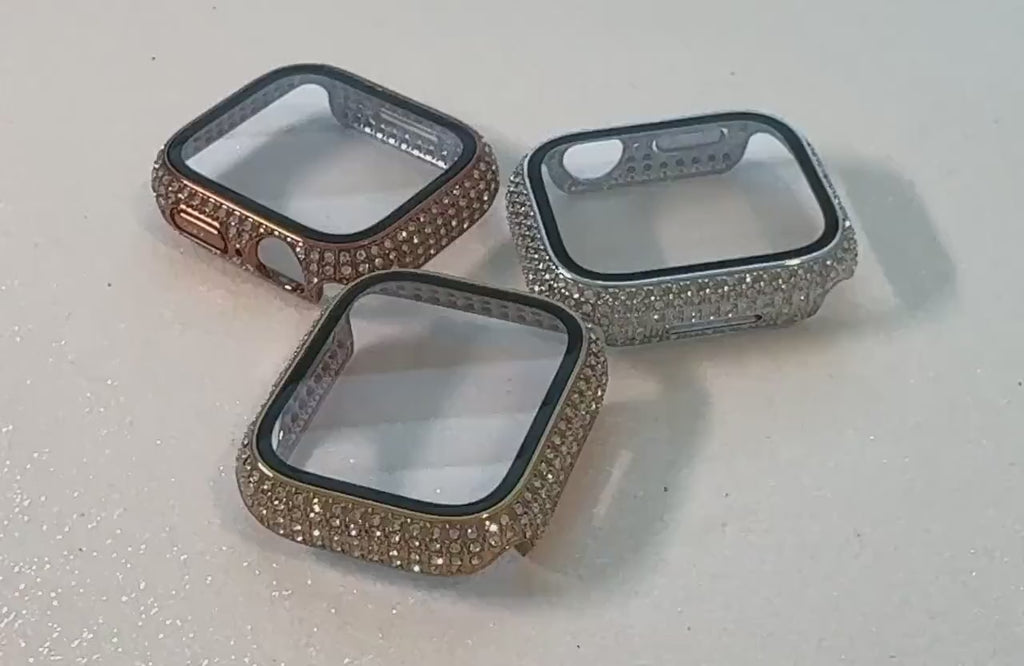 Apple Watch Cover with Screen Protector Women Swarovski Crystals Silver, Gold, Rose Gold 41mm 45mm Tempered Glass Iphone Watch Case Bling
