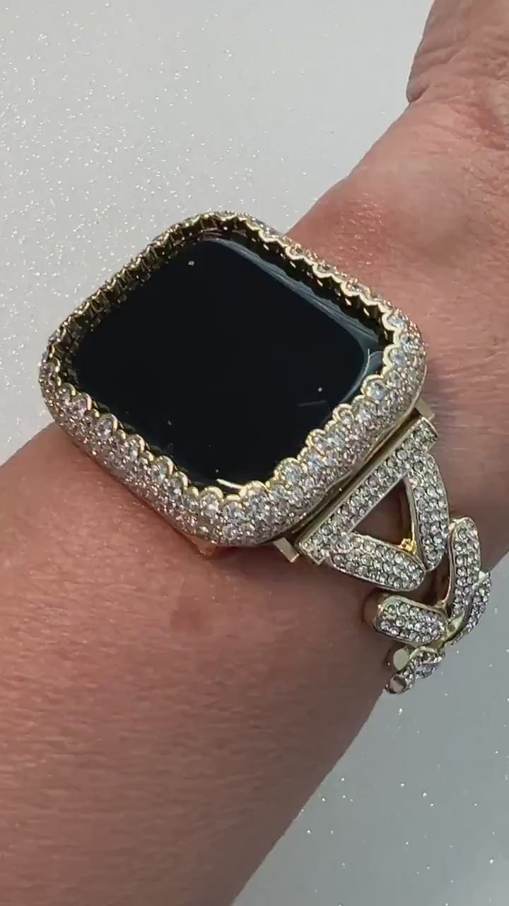 Dangle Heart Apple Watch Band Woman Gold Swarovski Crystal Heart Charm & or Apple Watch Case Lab Diamond Bezel 38mm-49mm Iphone Watch Cover