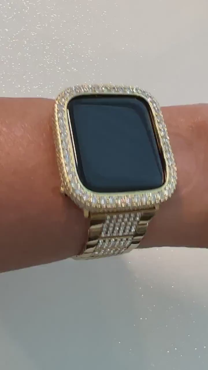 Mens Apple Watch Band Womens Gold Stainless Steel Swarovski Crystals & or Apple Watch Case Lab Diamond Bezel 38mm-49mm Series 10-12