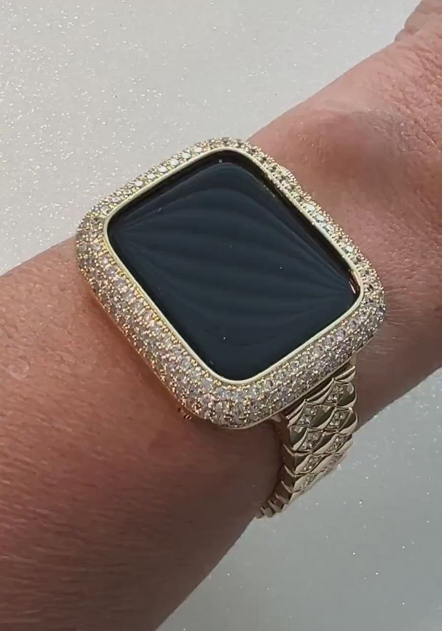 Gold Apple Watch Band 41mm 45mm 49mm Ultra  Crystals & or Apple Watch Case Lab Diamond Bezel Apple Watch Cover 38mm 42mm 40mm 44mm