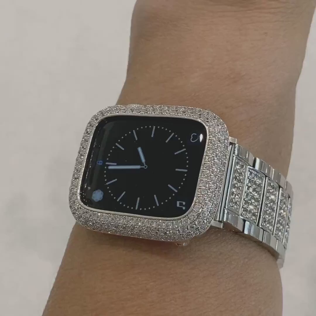 Designer Apple Watch Band Women Stainless Steel Silver Swarovski Crystals & or Apple Watch Cover Lab Diamond Bezel Case 38mm-49mm Series 11