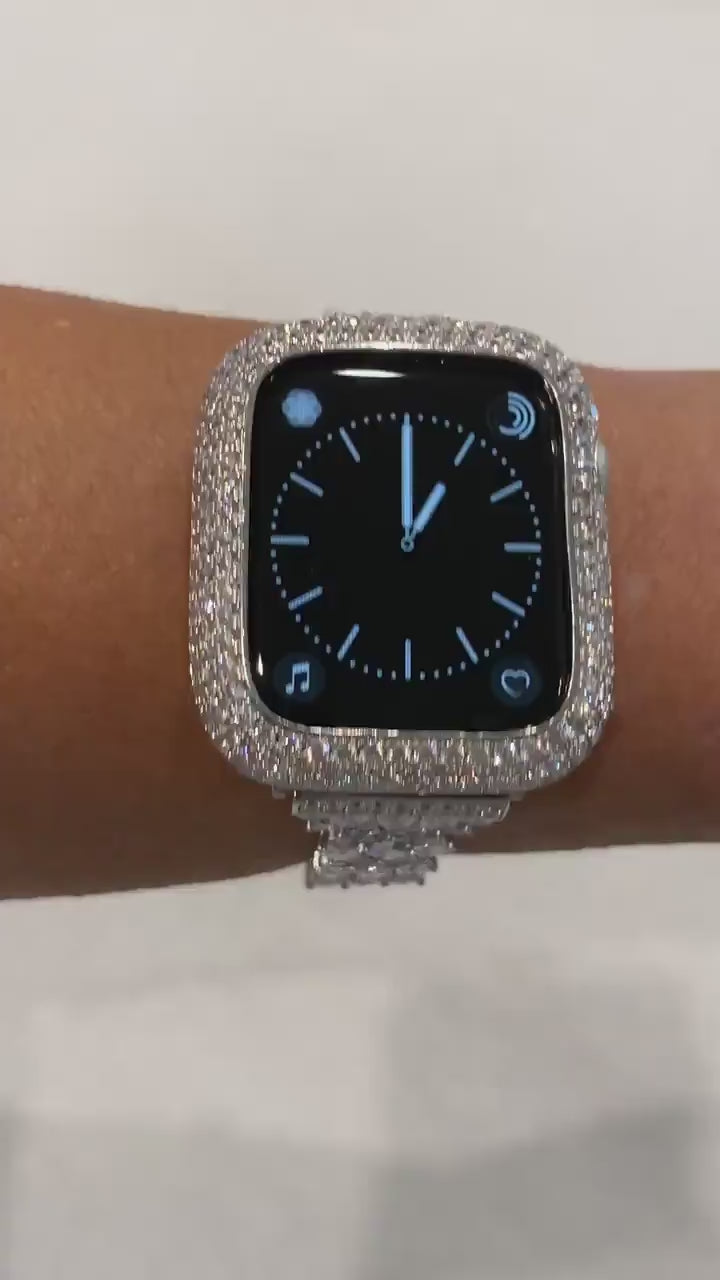 Apple Watch Band Women 41mm 45mm 49mm Ultra Swarovski Crystal Silver & or Apple Watch Cover Lab Diamond Bezel Apple Watch Case 38mm-49mm