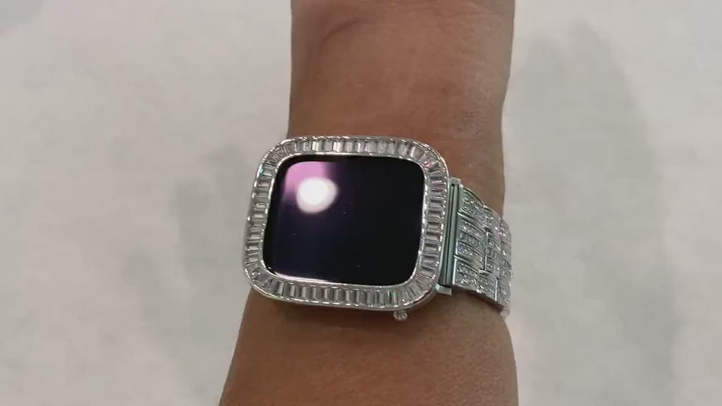 Series 10-11 Apple Watch Cover 38mm-46mm Lab Diamond Bezel Baguettes Silver Apple Watch Case