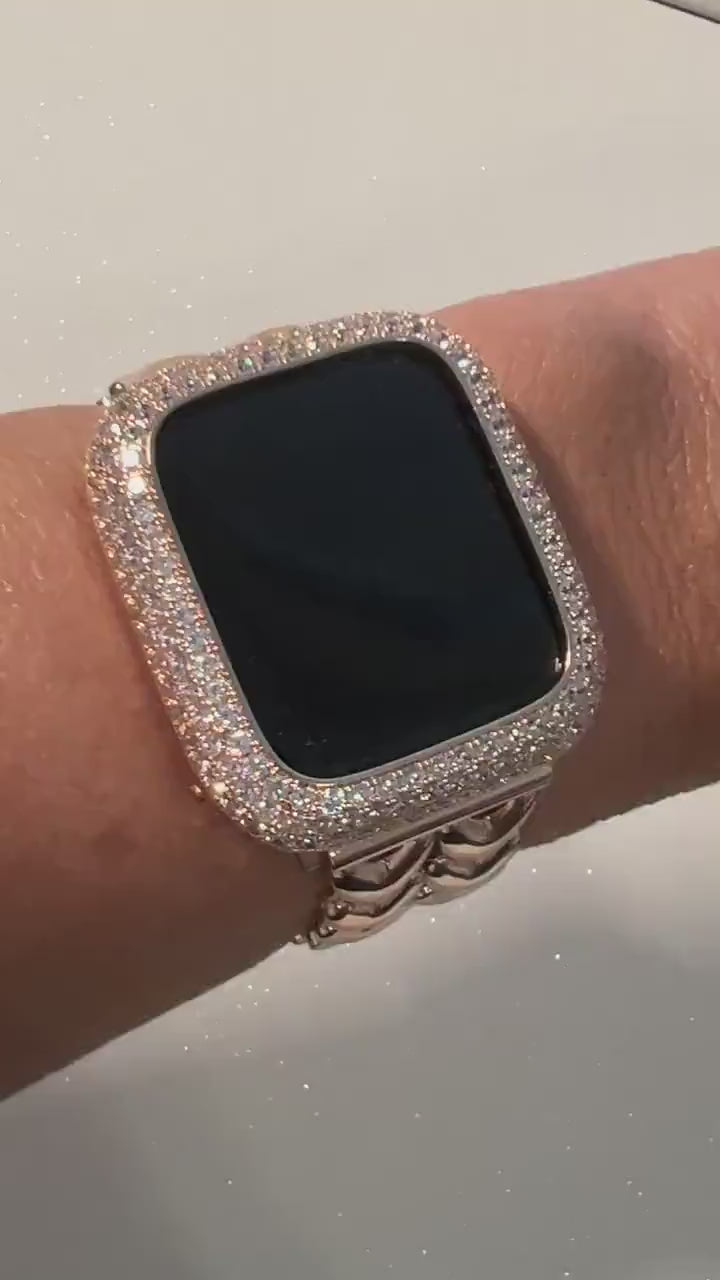 Rose Gold Apple Watch Band Double Row Hearts Bracelet 38mm-49mm, Iwatch band & or Apple Watch Case Baguette Lab Diamond Bezel Cover Gift