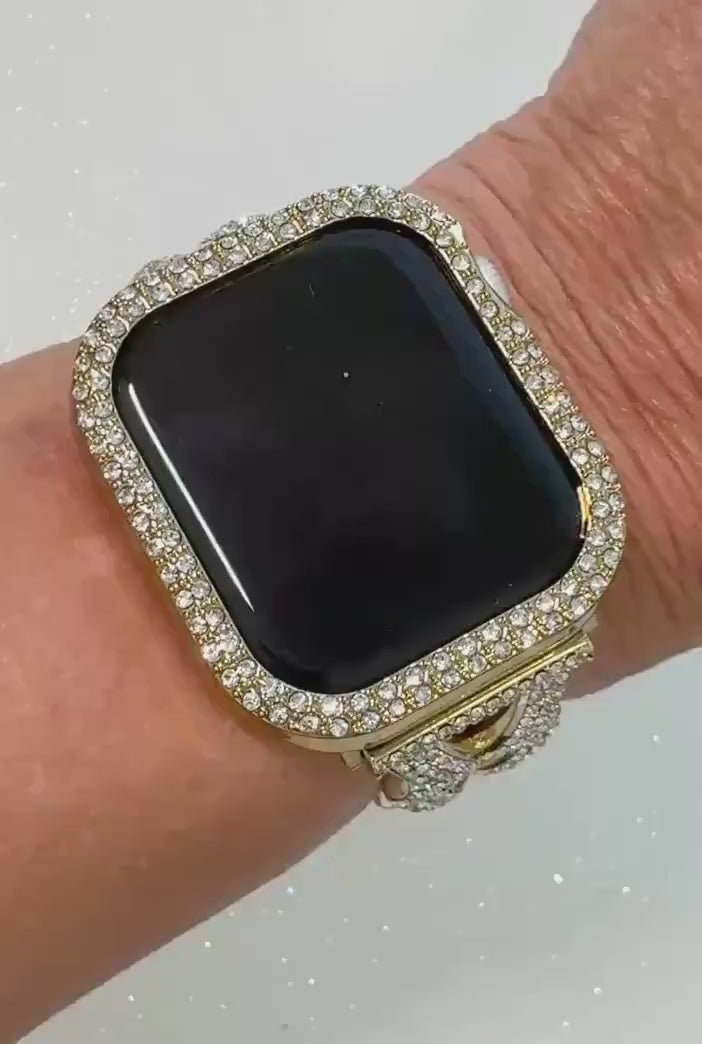 Designer Apple Watch Band Series 10 Woman Gold Swarovski Crystal Heart Charm & or Apple Watch Case Iphone Watch 38mm-49mm IWatch Cover