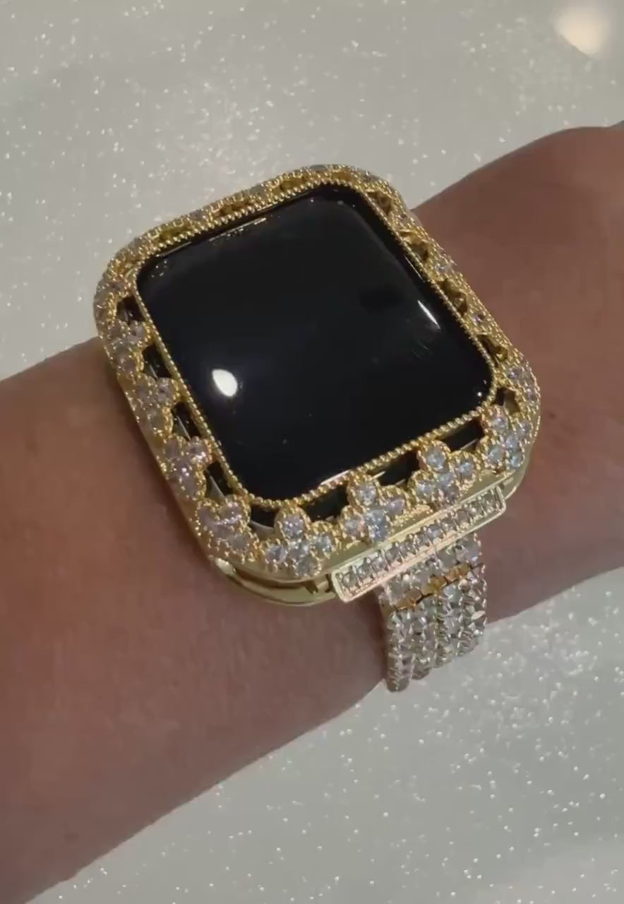 Gold Apple Watch Band Women Swarovski Crystals & or Flower Apple Watch Case for Iphone Watch 41mm-46mm Smartwatch Bumper Case Bling