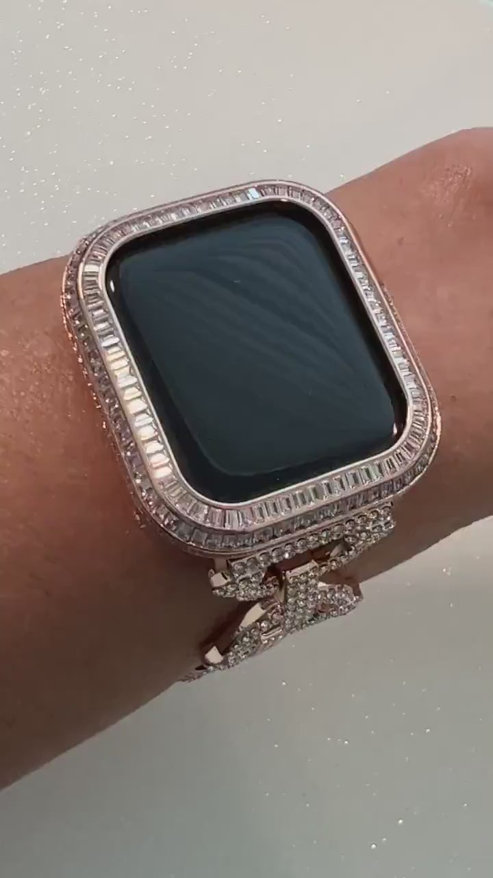 Custom Apple Watch Band Womens Rose Gold Swarovski Crystals & or Designer Apple Watch Cover Baguette Lab Diamond Bezel Case Iwatch Candy