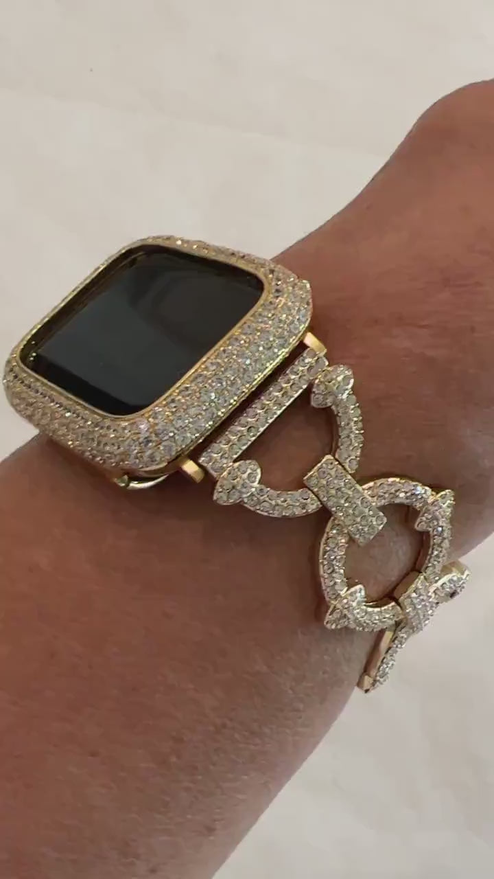 Pave Apple Watch Band Gold Swarovski Crystals & or Apple Watch Case Lab Diamond Bezel Iwatch Cover Bling 38mm-49mm Ultra Series 12
