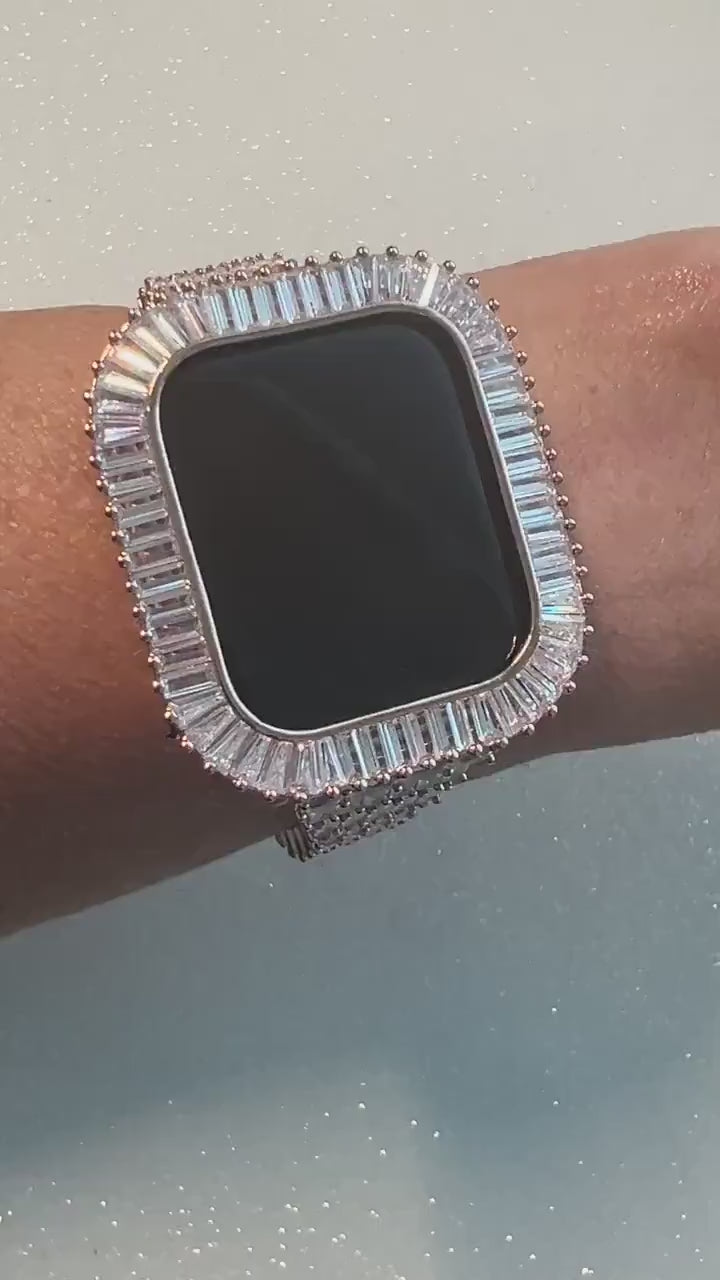 Custom Rose Gold Apple Watch Band Women 41mm 45mm & or Baguette Apple Watch Case Lab Diamond Bezel Iphone Watch Cover Iwatch Candy Bling