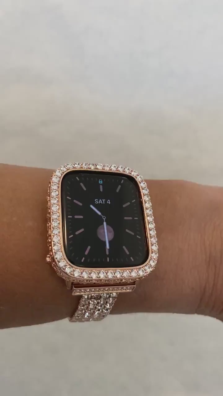 Designer Rose Gold Apple Watch Cover with Lab Diamonds, Apple Watch Case Bumper 40mm 44mm Series 4,5,6 SE