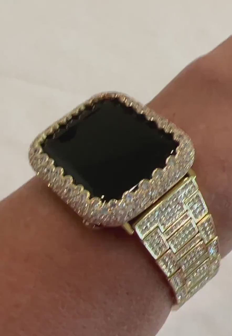Apple Watch Band Gold Pave Stainless Steel Swarovski Crystal & or Apple Watch Case Lab Diamond Smartwatch Apple Watch Cover Bling 38mm-49mm