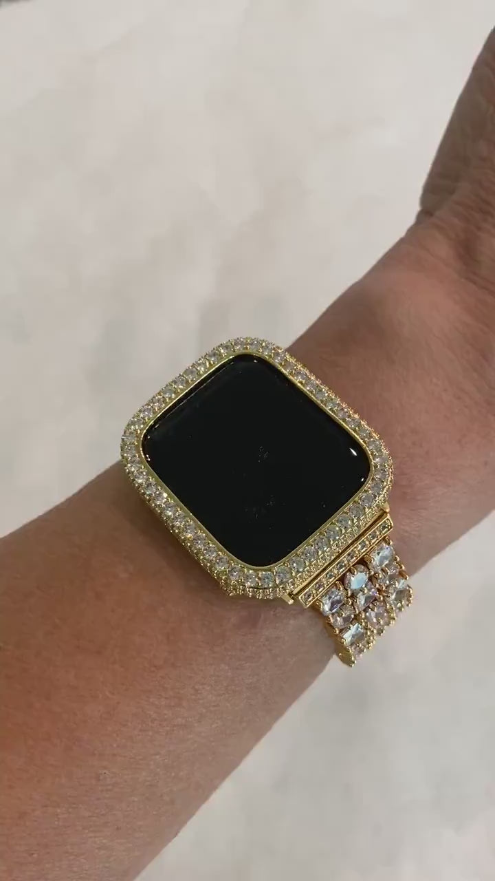 Apple Watch Band Gold Swarovski Crystals & or Apple Watch Cover Lab Diamond Bezel Apple Watch Case Smartwatch Bumper 38mm-49mm Ultra Bling