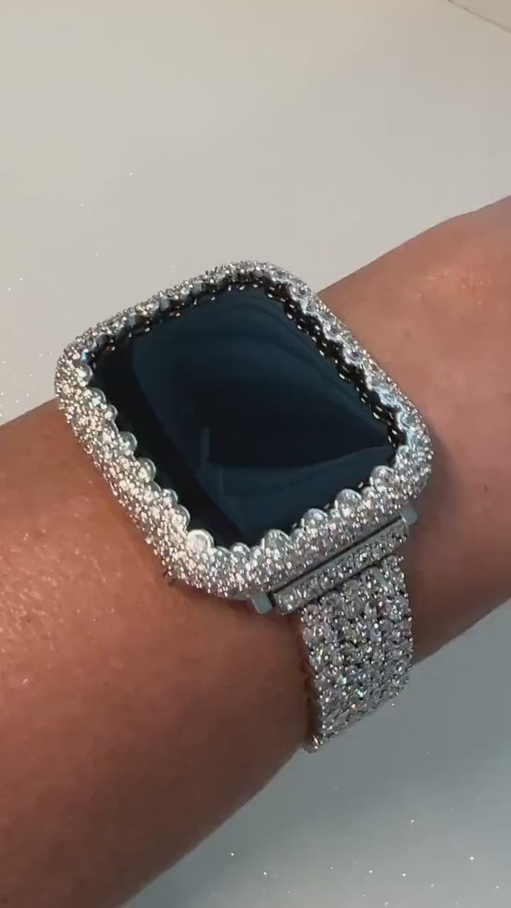 Iced Designer Apple Watch Band Womens Silver Bracelet & or Apple Watch Case Lab Diamond Bezel Iphone Watch Cover Iwatch Candy Bling