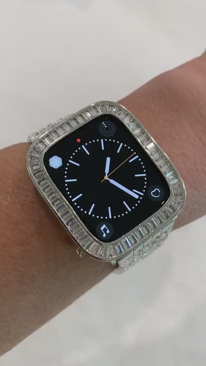 Custom Silver Apple Watch Band High End Crystal Baguettes 38mm-46mm & or Apple Watch Case Baguette Lab Diamond Bezel Cover Gift