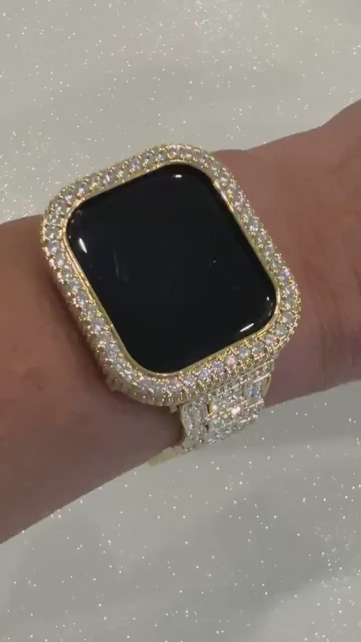Gold Apple Watch Band Pave Stainless Steel Swarovski Crystal & or Apple Watch Case Lab Diamond Smartwatch Apple Watch Cover Bling 38mm-49mm