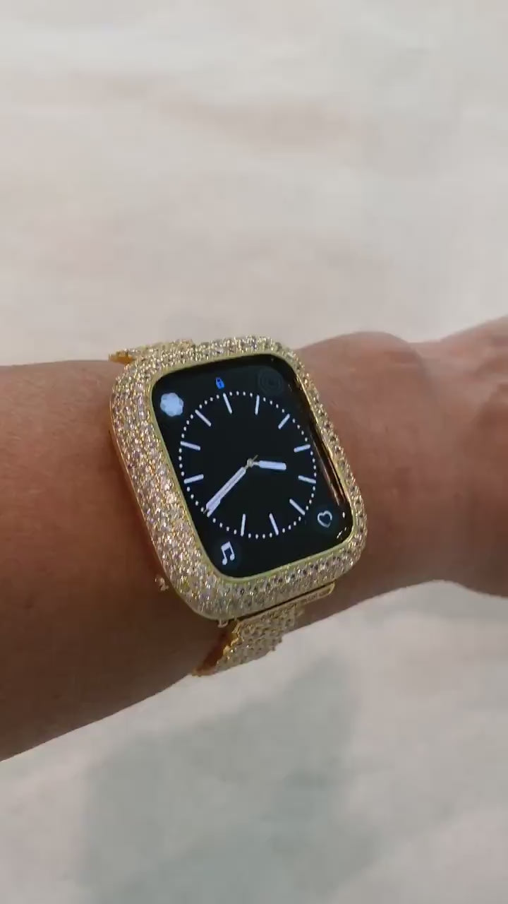 Custom Gold Apple Watch Case Lab Diamond Bezel 38-49mm Ultra Apple Watch Cover Bumper Iwatch Candy Bling Series 2-11 SE Iphone Watch Cover