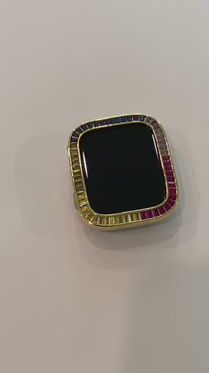Rainbow Apple Watch Cover Gold Lab Diamond Bezel 40mm 41mm 44mm 45mm Apple Watch Case Smartwatch Bumper Bling Iwatch Candy