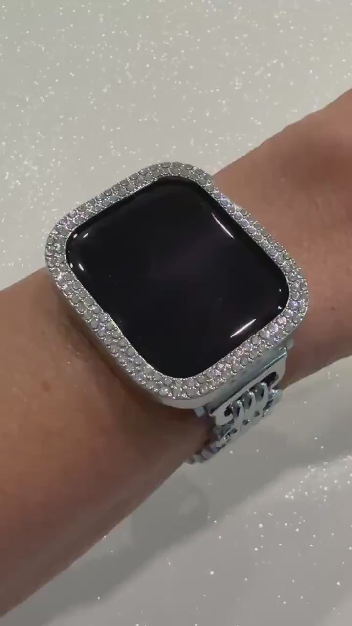 Designer Apple Watch Band, Silver Metal Bracelet & Bling Iwatch Case Set, 2 Rows Crystals, Apple Watch Cover, Screen Protector Options