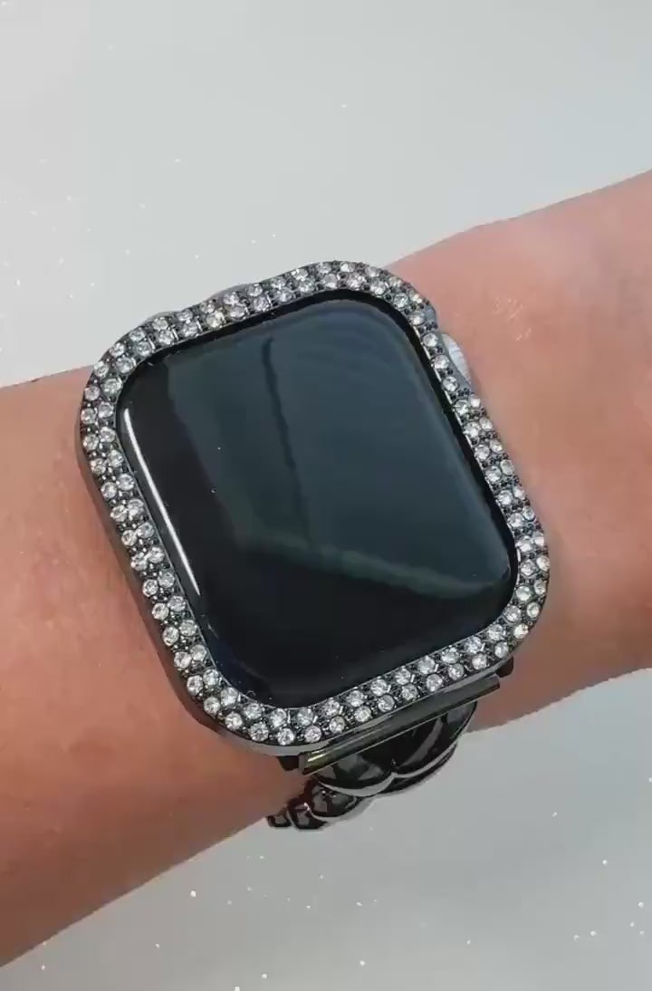 Black Apple Watch Band, Chevron Design Bracelet & or High End Crystal Apple Watch Cover, Series 12