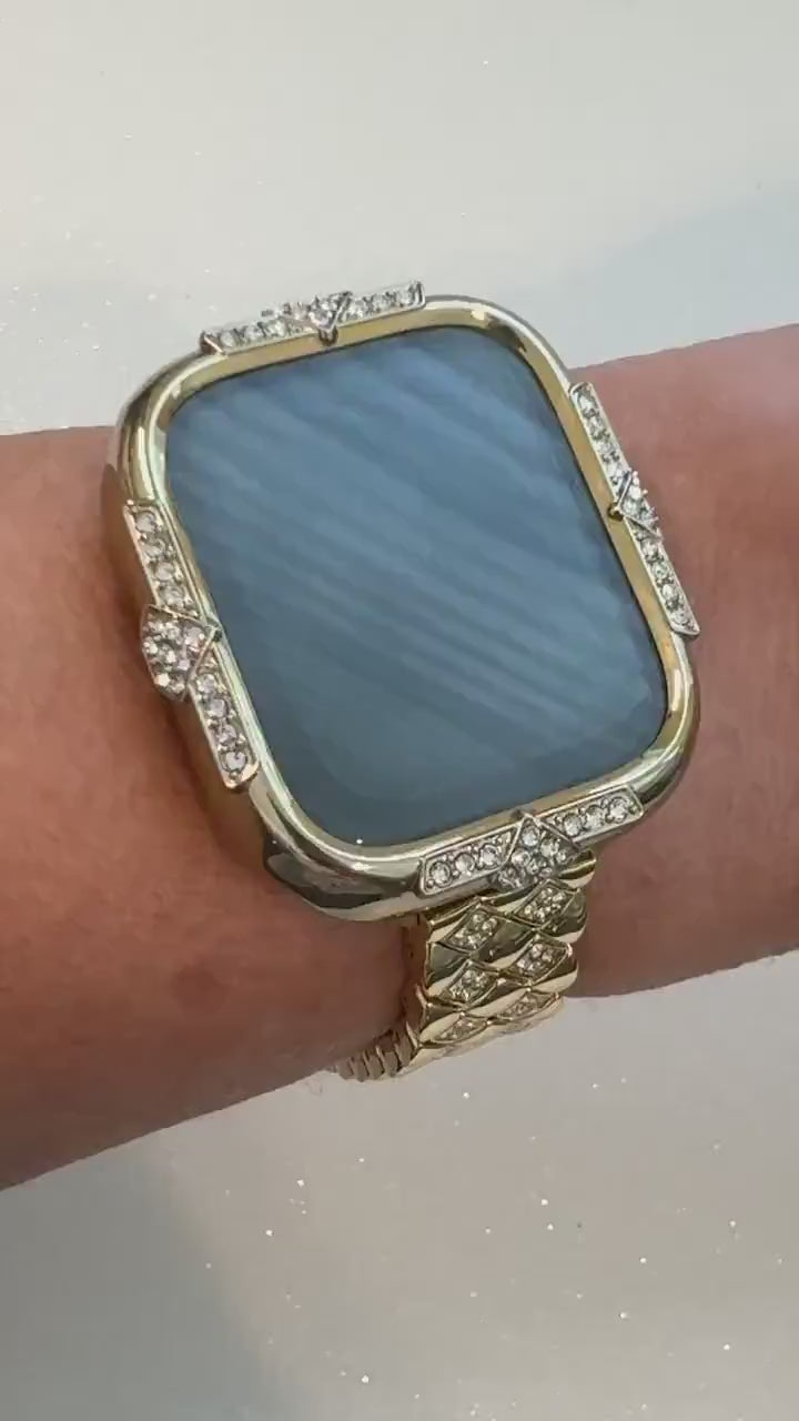 Yellow Gold Apple Watch Band Womens Bracelet Swarovski Crystals & or Apple Watch Case Crystal Iphone Watch Cover Tempered Glass Series 10-11