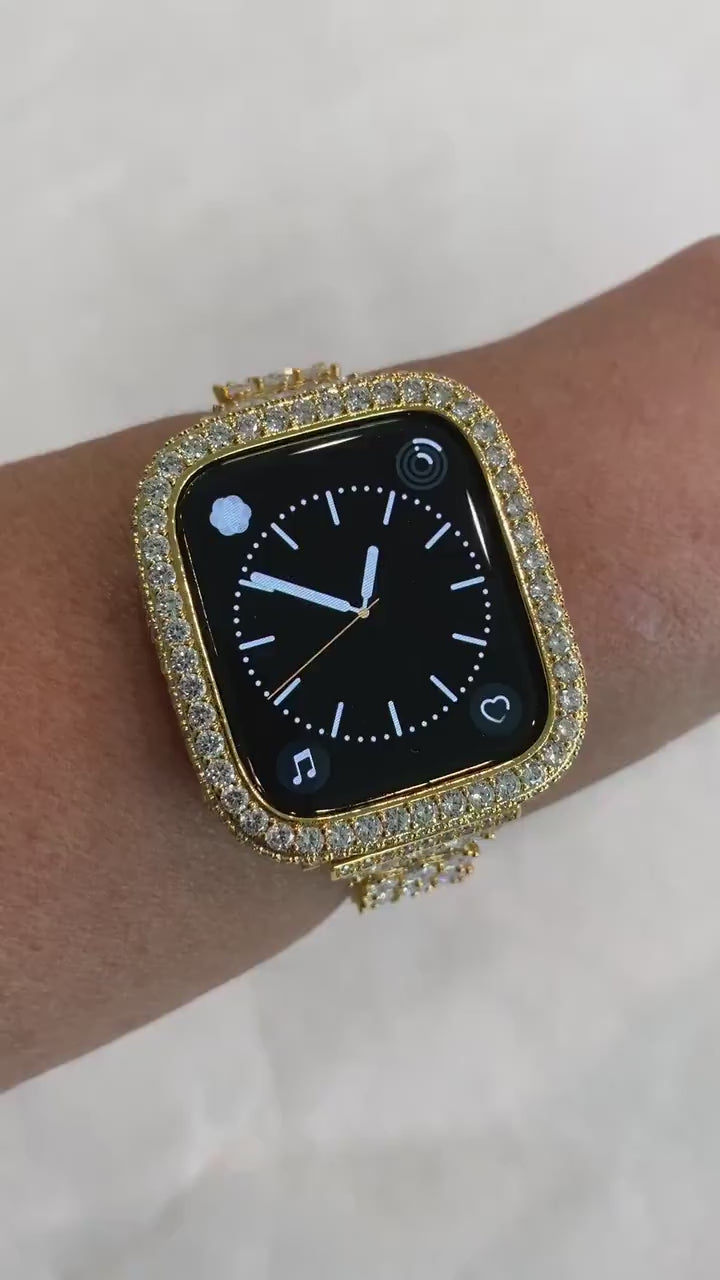 Luxury Apple Watch Band Womens Yellow Gold Swarovski Crystals & or Apple Watch Case for Iphone Watch Lab Diamond Cover 38-49mm Iwatch Candy
