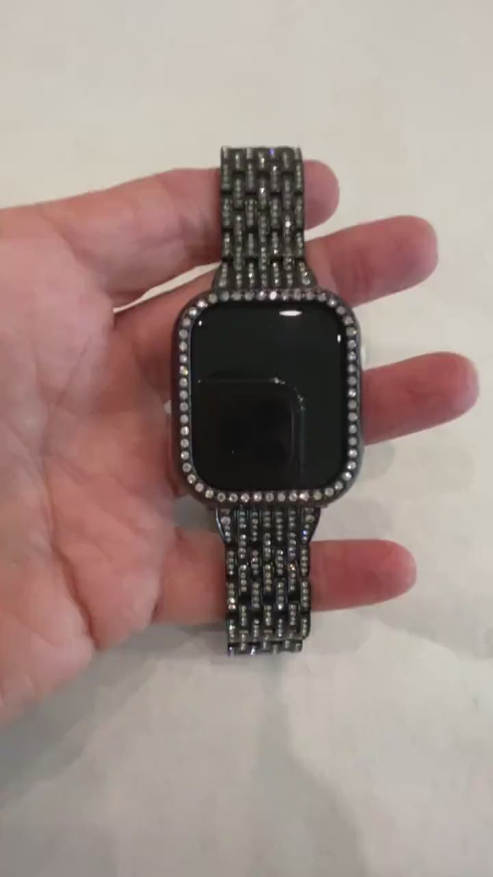 Series 10-11 Black Apple Watch Band High End Crystals 42mm 46mm & or Apple Watch Bezel Iphone Watch Case Protector 41mm 45mm 49mm Bling