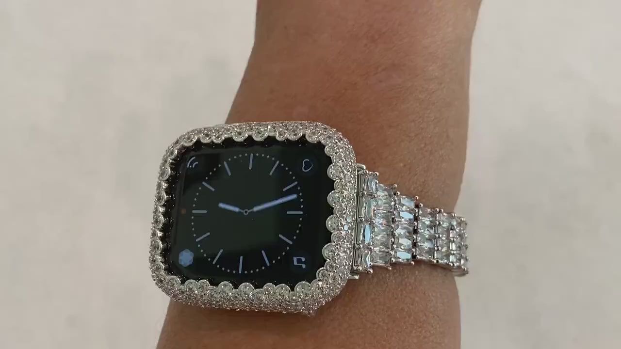 Apple Watch Band Bracelet Womens Silver High End Crystals & or Apple Watch Cover Lab Diamond Bezel Bling 38mm-49mm Ultra Series 11