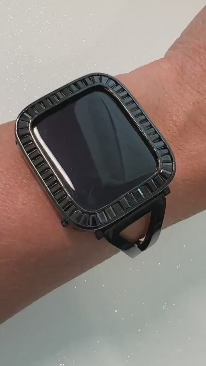 Sleek Black Apple Watch Band Bangle Bracelet Womens & or Custom Apple Watch Case Large Baguette Lab Diamonds Apple Watch Cover Series 10-11