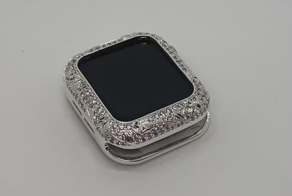 Apple Watch Bezel Cover Silver Cover Floral Design Swarovski Crystal Smartwatch Bumper 38mm 40mm 41mm 42mm 44mm 45mm Series 2-9 SE
