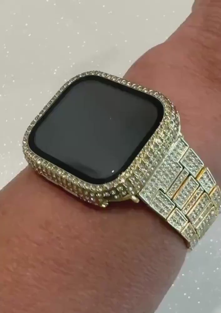 Series 10 Apple Watch Band Gold Stainless Steel Swarovski Crystal & or Apple Watch Cover Tempered Glass Screen Protector Iwatch Case