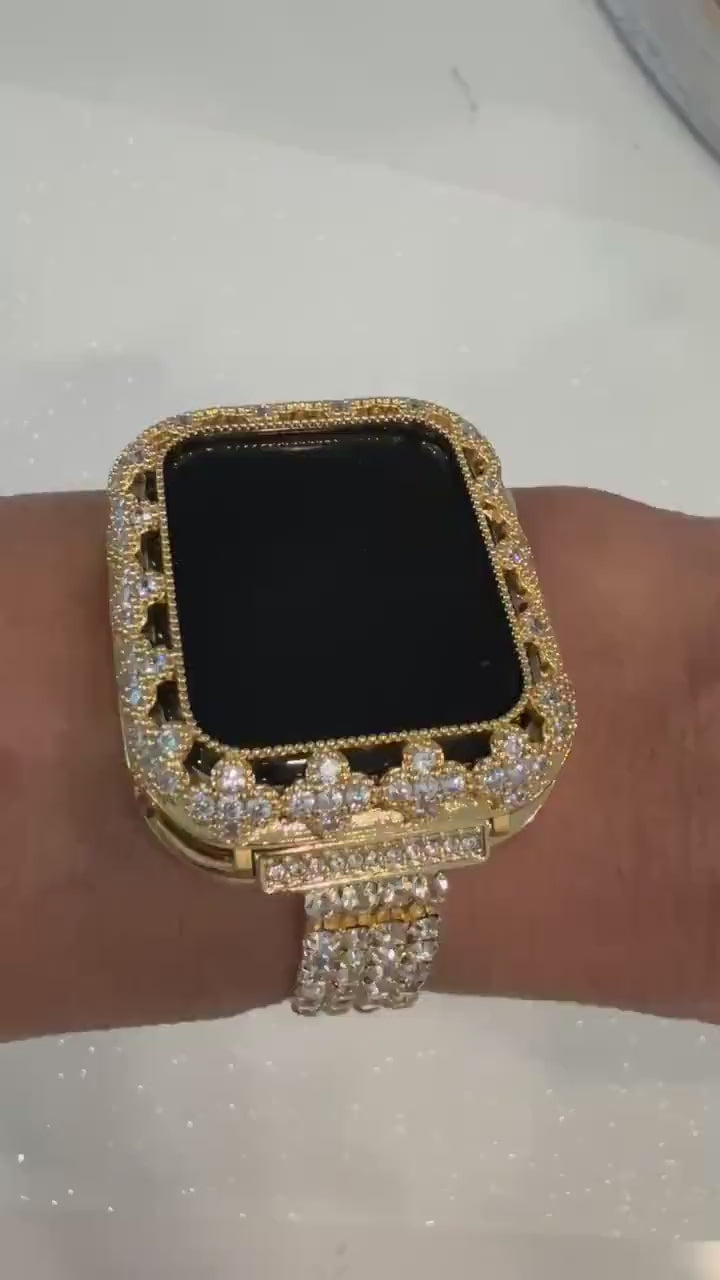 Gold Apple Watch Case Flower in Swarovski Crystals 41-46mm Series 7-11 Protective Apple Watch Bezel Only No Band Floral Iwatch Case