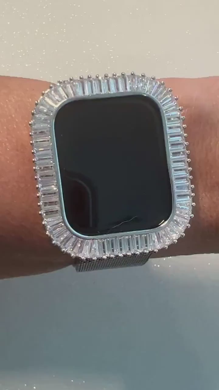 Series 9 Apple Watch Case 41mm 45mm Large Baguettes Lab Diamond Bezel Silver Apple Watch Cover Series 7/8/9 Iwatch Candy Protective Bumper