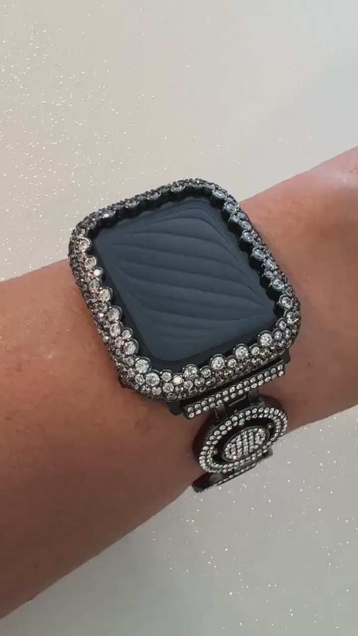 Apple Watch Band Womens Black Swarovski Crystal & or Apple Watch Case with Lab Diamonds, Iphone Watch Cover 38mm-49mm Series 2-11 SE