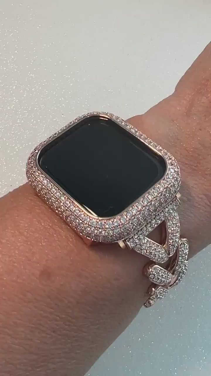 Designer Apple Watch Band Woman Rose Gold  Crystal Heart Charm & or Apple Watch Case Lab Diamond Bezel 38mm-49mm Apple Watch Cover