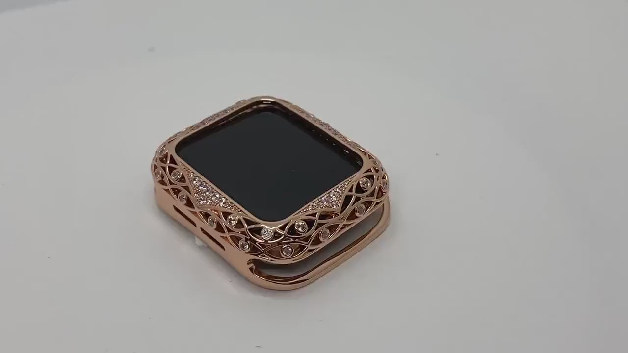 Bling Apple Watch Cover Womens Rose Gold Metal Case Lace Design with Swarovski Crystals for Iphone Watch from Iwatch Candy 38mm-45mm