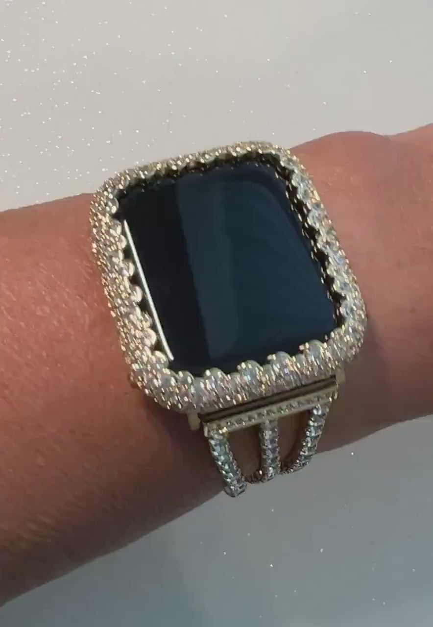 Apple Watch Band Women Gold Swarovski Crystal 38mm-49mm Ultra & or Apple Watch Case Lab Diamond Bezel Apple Watch Cover Iwatch Candy Bling