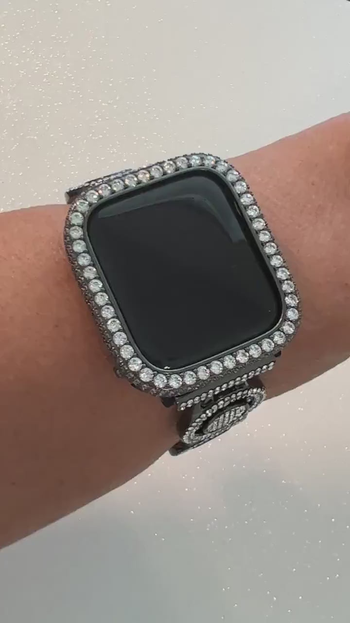 Apple Watch Band Womens Black Pave Swarovski Crystals & or Apple Watch Cover Lab Diamonds Smartwatch Apple Watch Case Bling Iphone Watch