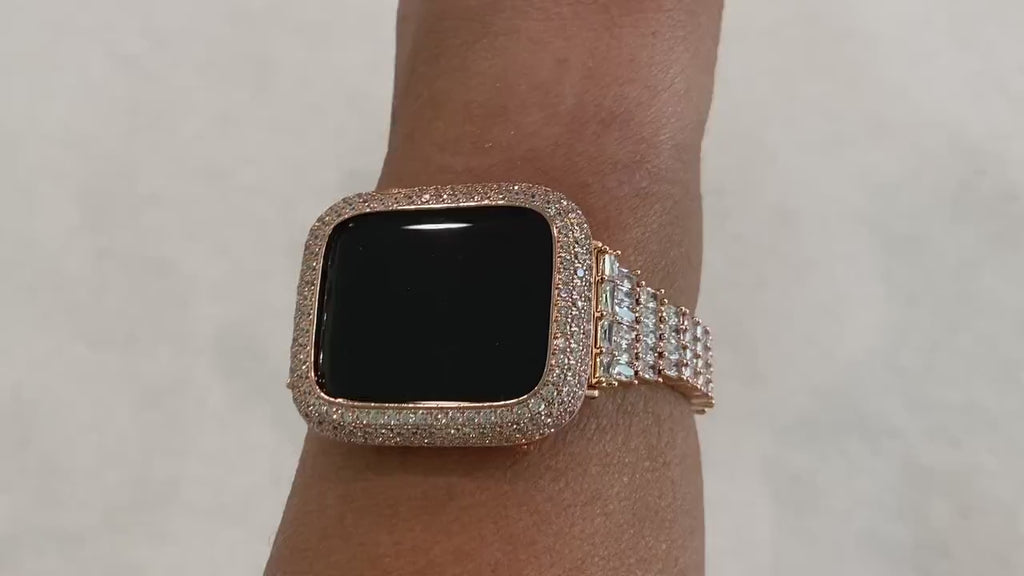 Apple Watch Band Women Women Rose Gold Custom Baguette & or Apple Watch Cover Lab Diamond Bezel for Iphone Watch Case 38mm-49mm Ultra