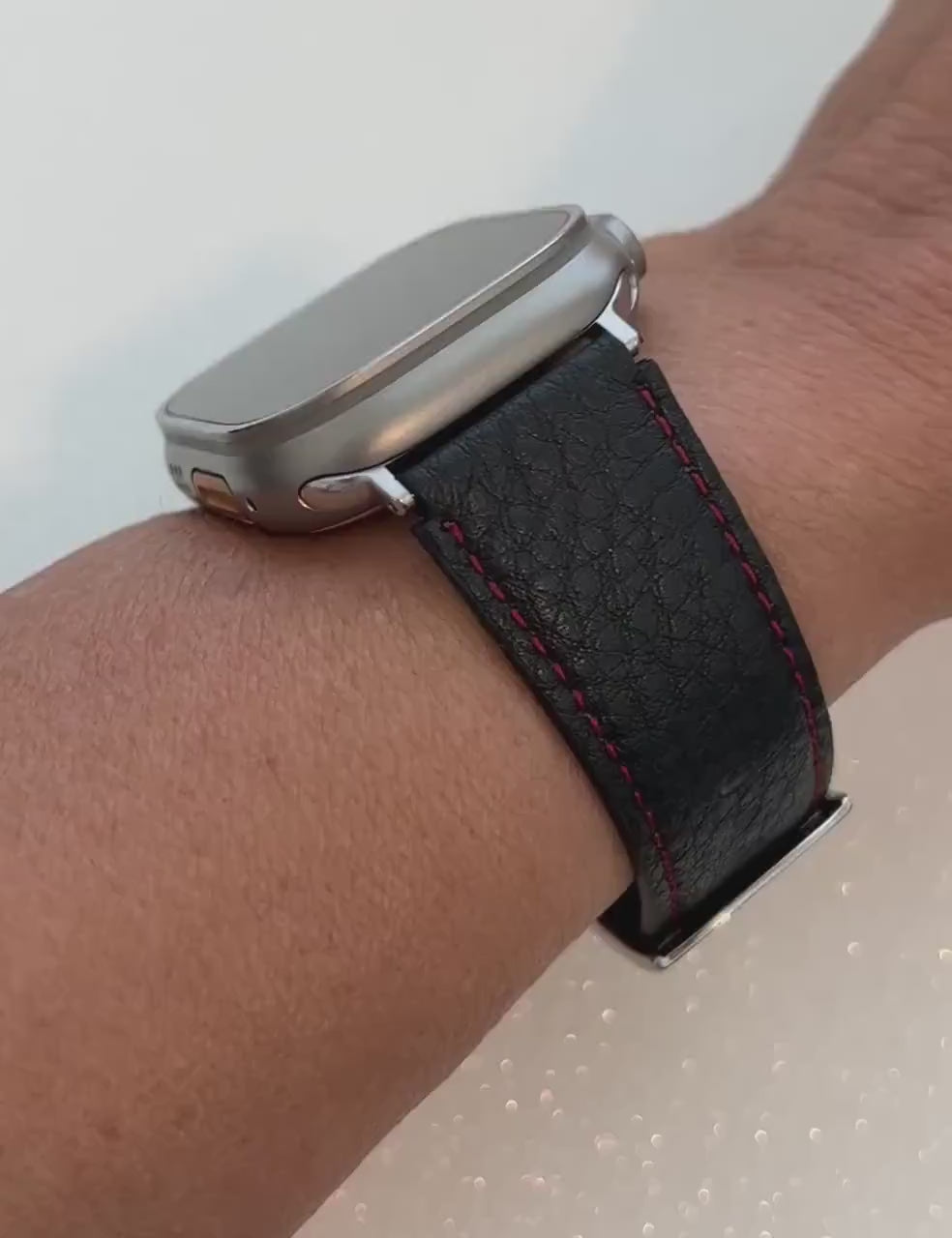 Series 12 Black Leather Apple Watch Band 42mm 46mm 49mm Ultra - Apple Watch Straps Red Stitching for Iphone Watch 44mm 45mm