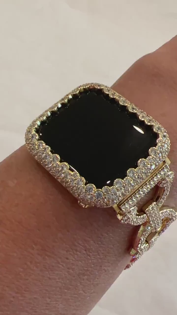 Yellow Gold Apple Watch Band Womens Designer Swarovski Crystal & or Apple Watch Case Pave Lab Diamond Bezel Apple Watch Cover Iwatch Candy