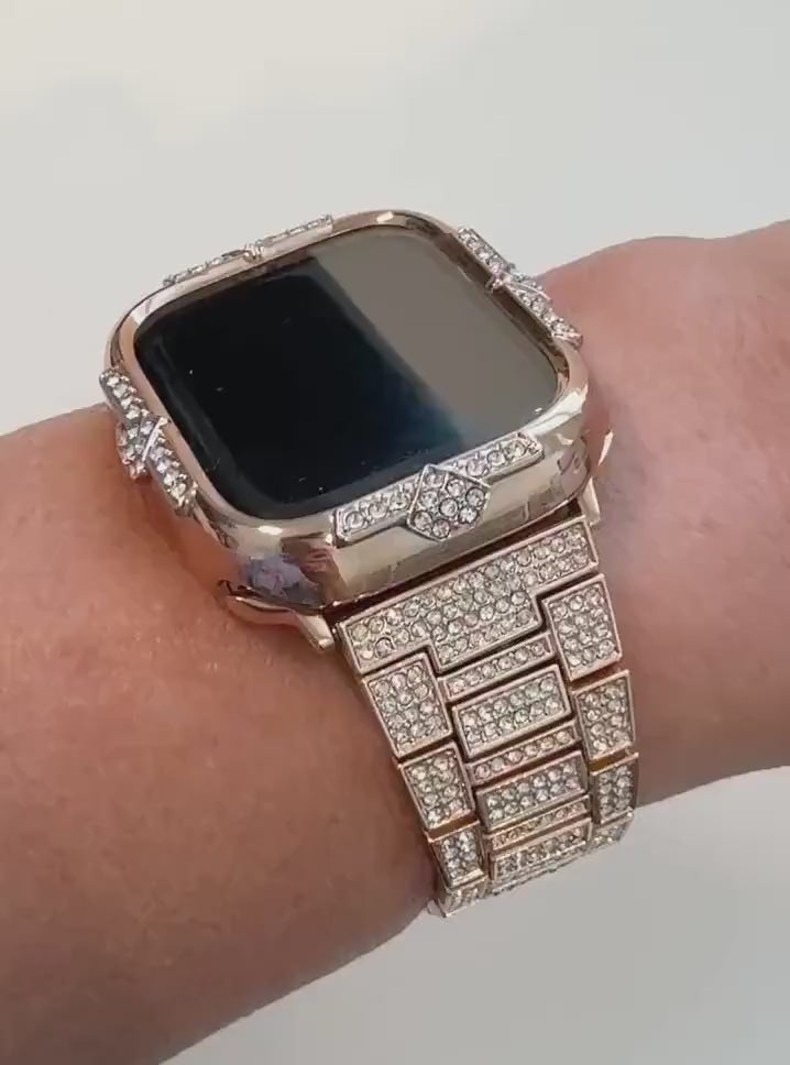 Rose Gold Apple Watch Band 41mm Swarovski Crystal Bracelet 41mm 45mm Minimalist & or Apple Watch Case 14kgp Iphone Watch Cover 40mm 44mm