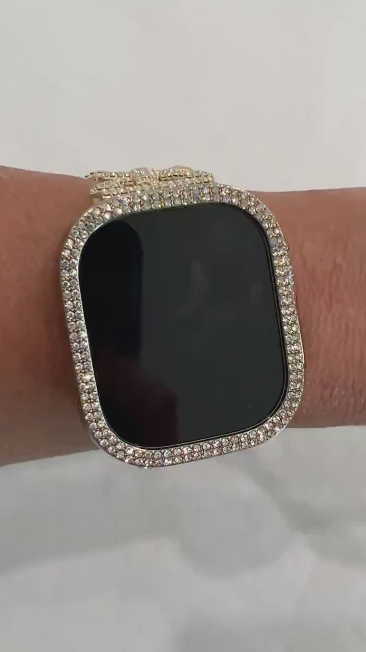 Series 10-11 Apple Watch Band Gold Swarovski Crystal Bracelet 38mm-49mm & or Apple Watch Cover Iphone Watch Case Protective Bumper